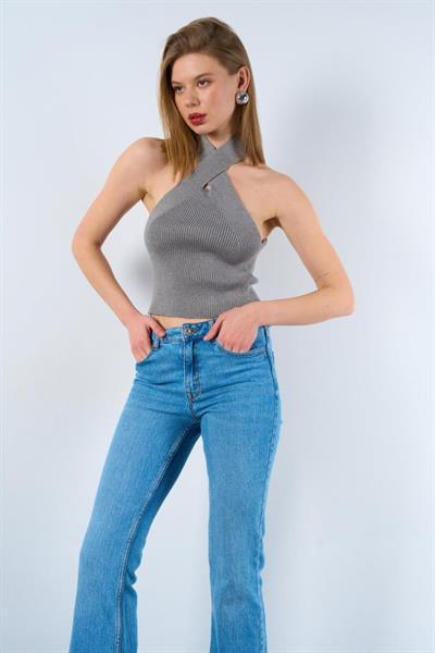 Çapraz Askılı Fitilli Atlet - Gri