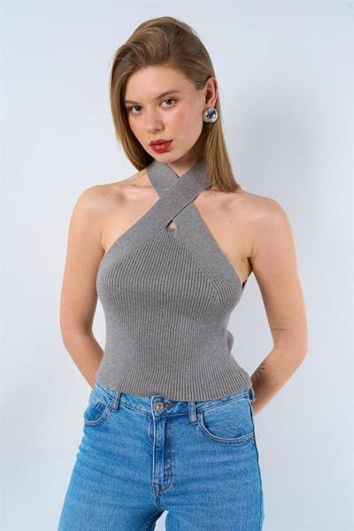 Çapraz Askılı Fitilli Atlet - Gri