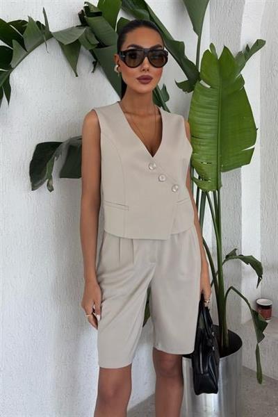 Çapraz Düğmeli Ve Bermuda Şortlu Yelekli Takım 10171