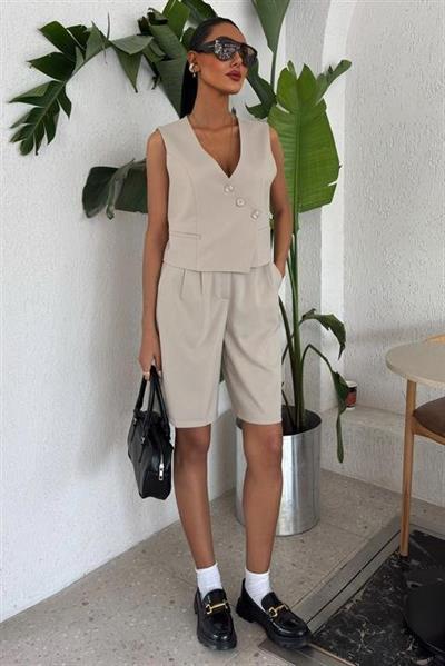 Çapraz Düğmeli Ve Bermuda Şortlu Yelekli Takım 10171