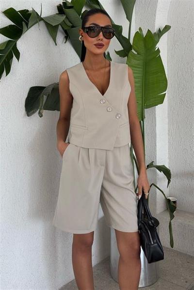 Çapraz Düğmeli Ve Bermuda Şortlu Yelekli Takım 10171