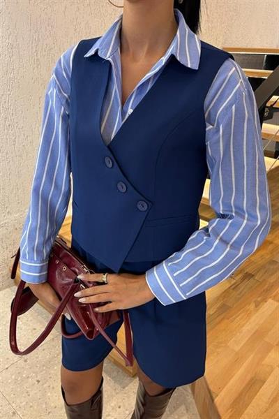 Çapraz Düğmeli Ve Bermuda Şortlu Yelekli Takım 10171