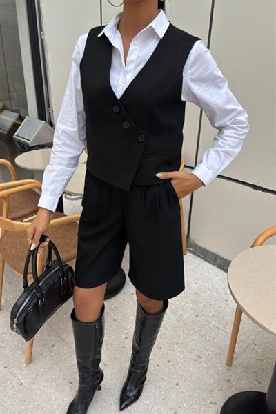 Çapraz Düğmeli Ve Bermuda Şortlu Yelekli Takım 10171