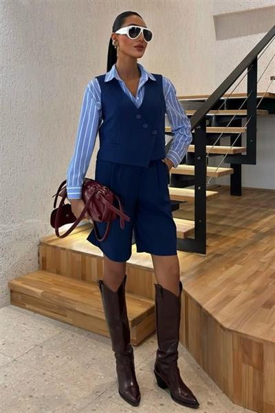 Çapraz Düğmeli Ve Bermuda Şortlu Yelekli Takım 10171