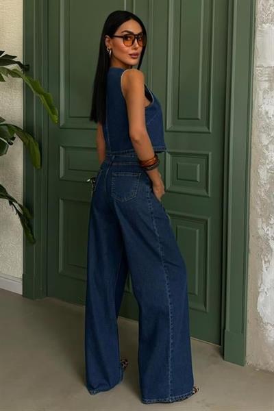 Çapraz Kapama Detay Yelekli Denim Takım 10004