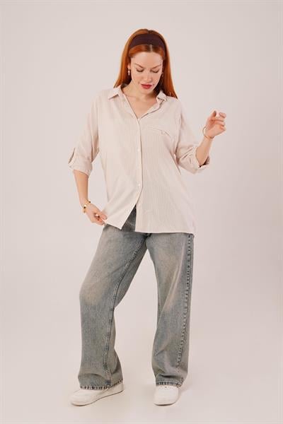 Cep Detay Çizgili Oversize Krem Gömlek