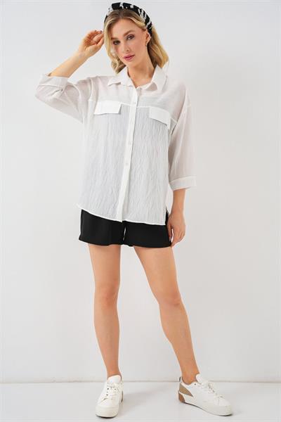 Cep Detaylı Kısa Kol Gömlek 20317 - Beyaz