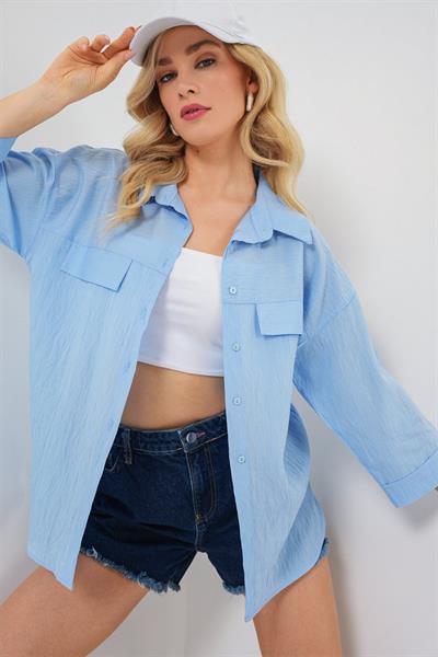 Cep Detaylı Kısa Kol Gömlek 20317 - Mavi