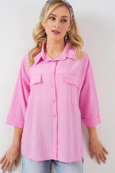 Cep Detaylı Kısa Kol Gömlek 20317 - Pembe