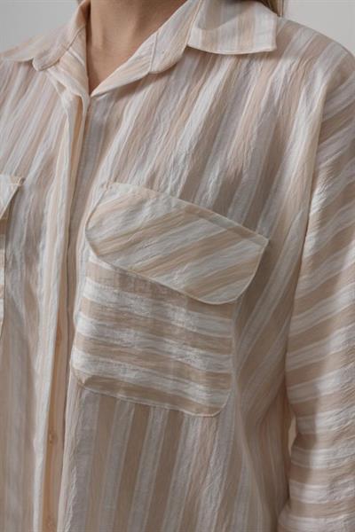 Cep Detaylı Oversize Gömlek - Bej