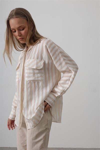 Cep Detaylı Oversize Gömlek - Bej