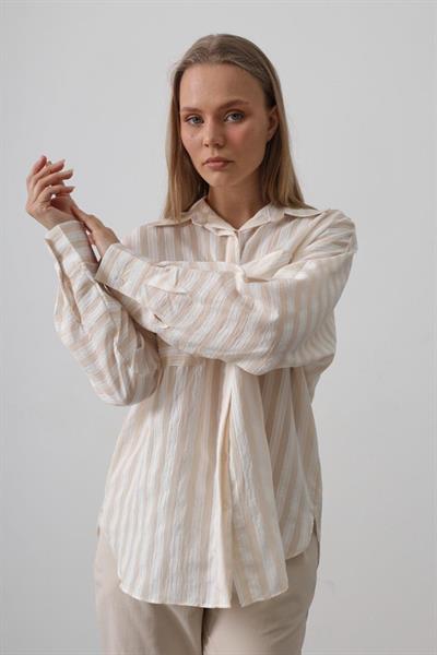 Cep Detaylı Oversize Gömlek - Bej