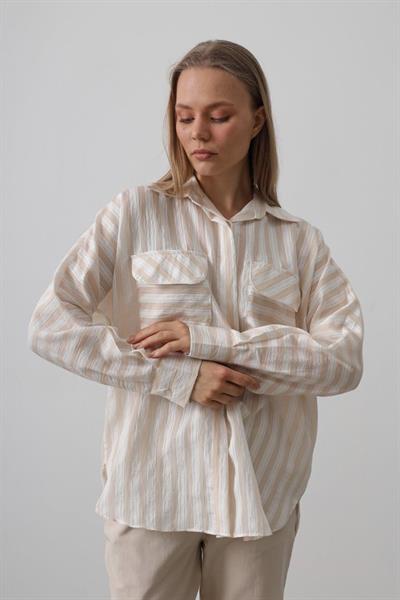 Cep Detaylı Oversize Gömlek - Bej