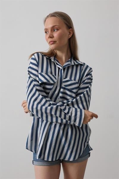 Cep Detaylı Oversize Gömlek - Lacivert