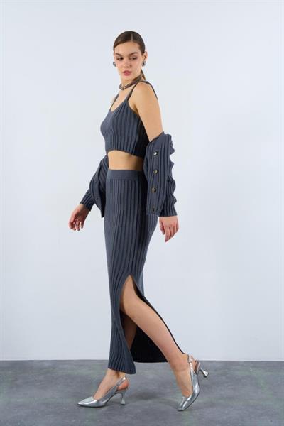 Cepli Düğmeli Üçlü Takım - Açık Füme