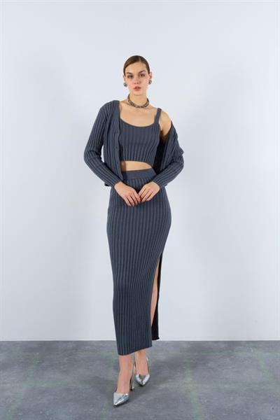 Cepli Düğmeli Üçlü Takım - Açık Füme