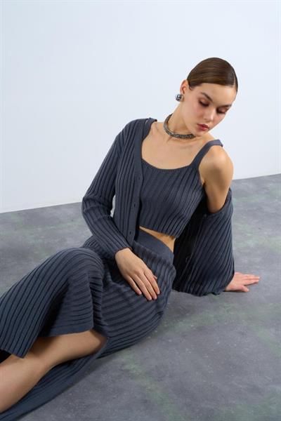 Cepli Düğmeli Üçlü Takım - Açık Füme