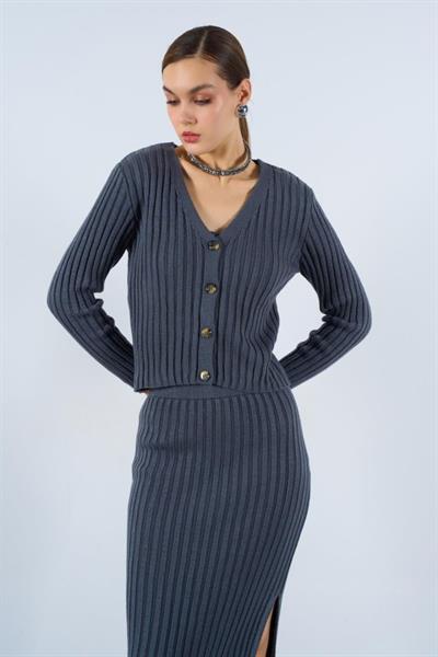 Cepli Düğmeli Üçlü Takım - Açık Füme