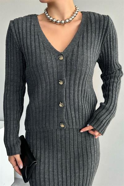 Cepli Düğmeli Üçlü Takım - Koyu Antrasit