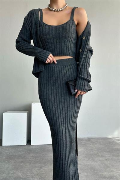 Cepli Düğmeli Üçlü Takım - Koyu Antrasit