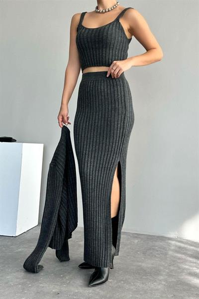 Cepli Düğmeli Üçlü Takım - Koyu Antrasit