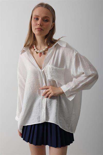 Cepli Oversize Gömlek - Beyaz