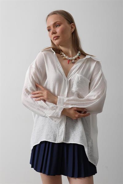 Cepli Oversize Gömlek - Beyaz