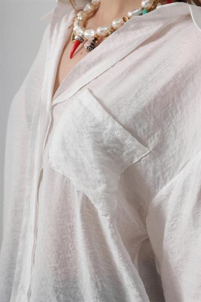 Cepli Oversize Gömlek - Beyaz