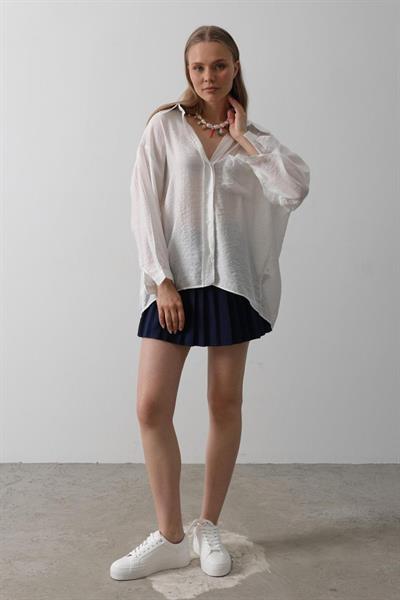 Cepli Oversize Gömlek - Beyaz