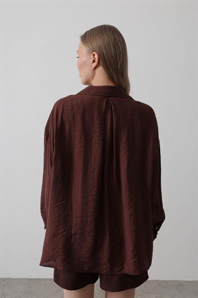 Cepli Oversize Gömlek - Kahve