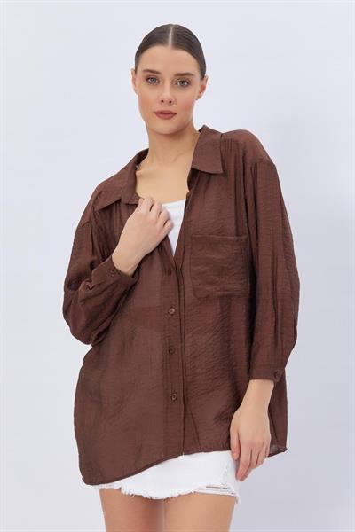 Cepli Oversize Gömlek - Kahve