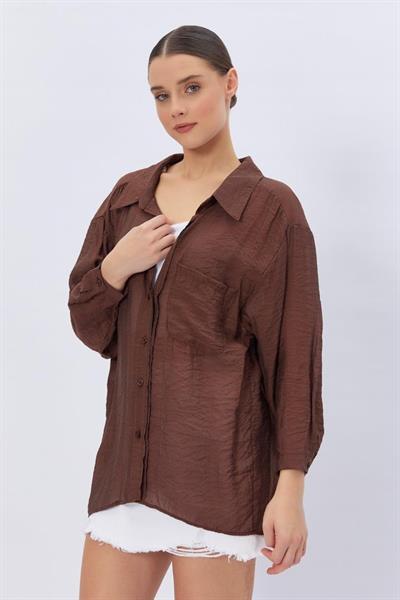 Cepli Oversize Gömlek - Kahve