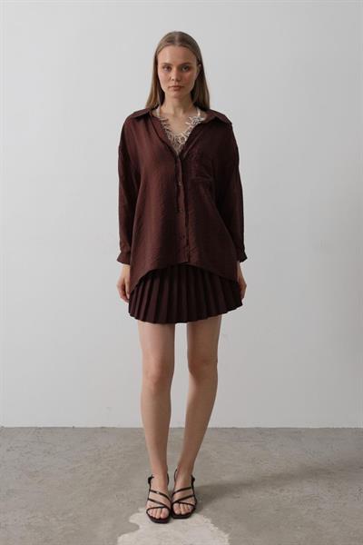 Cepli Oversize Gömlek - Kahve