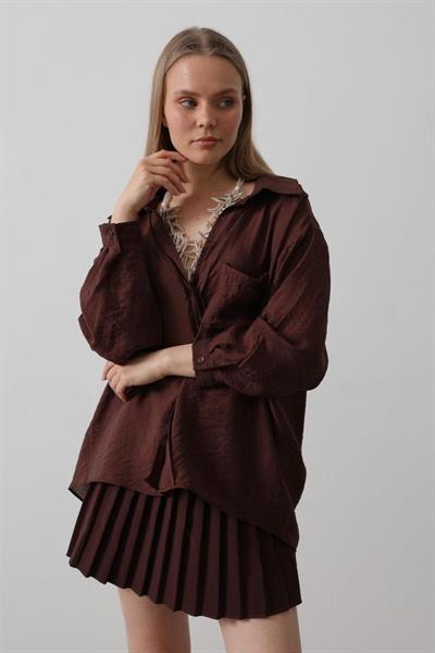 Cepli Oversize Gömlek - Kahve