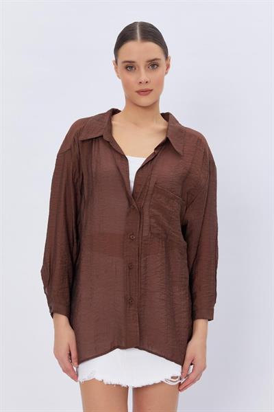 Cepli Oversize Gömlek - Kahve
