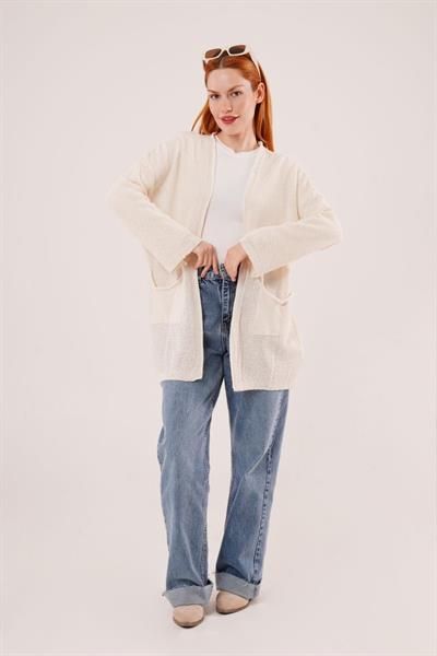 Cepli Salaş Model Triko Uzun Krem Hırka