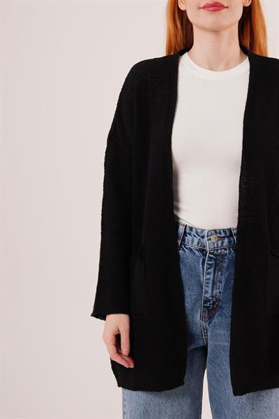 Cepli Salaş Model Triko Uzun Siyah Hırka