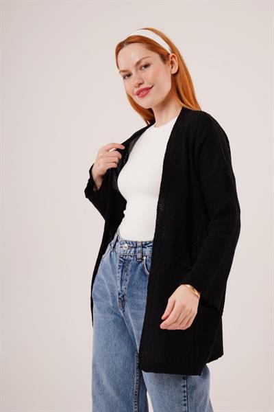 Cepli Salaş Model Triko Uzun Siyah Hırka