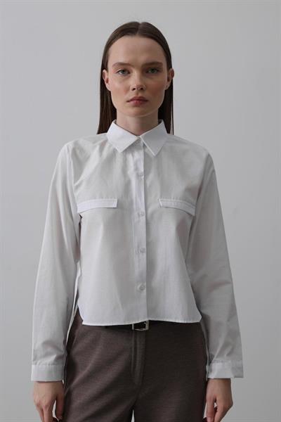 Cepli Uzun Kol Gömlek - Beyaz