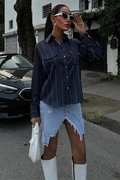 Chanel Saten Premium Çizgili Gömlek 3411