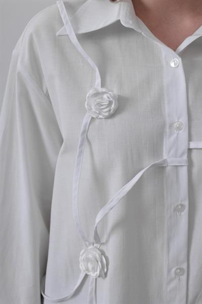 Çiçekli Oversize Gömlek - Beyaz