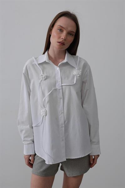 Çiçekli Oversize Gömlek - Beyaz
