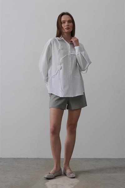 Çiçekli Oversize Gömlek - Beyaz