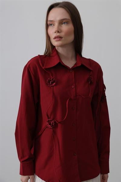 Çiçekli Oversize Gömlek - Bordo