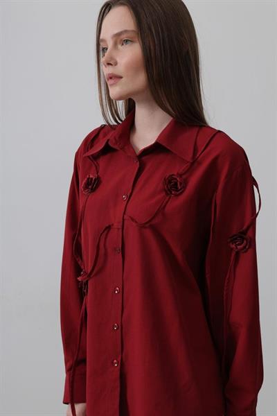 Çiçekli Oversize Gömlek - Bordo