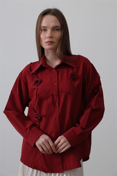 Çiçekli Oversize Gömlek - Bordo