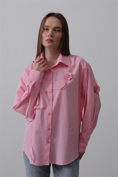 Çiçekli Oversize Gömlek - Pembe