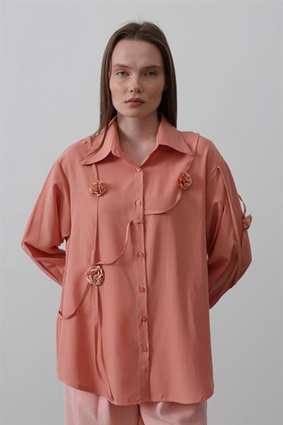Çiçekli Oversize Gömlek - Somon