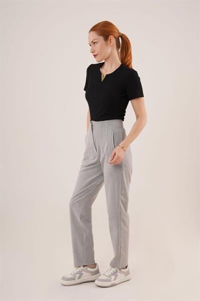 Çift Pens Detaylı Gri Pantolon