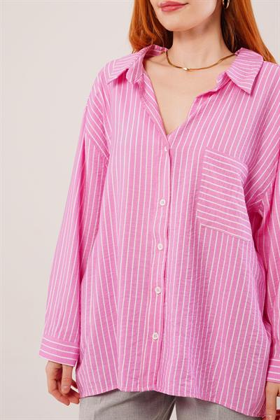 Çizgi Detaylı Cepli Fuşya Gömlek